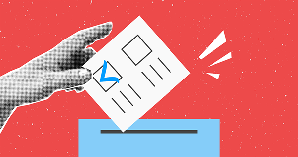 Grayscale hand on a red background dropping a ballot into a light blue ballot box