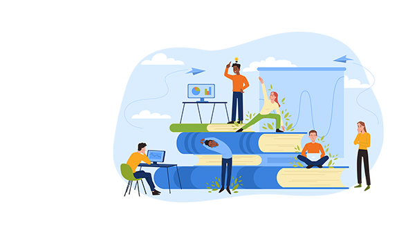 Individuals perched on oversized books, engaged in work on their laptops, blending literature with technology.